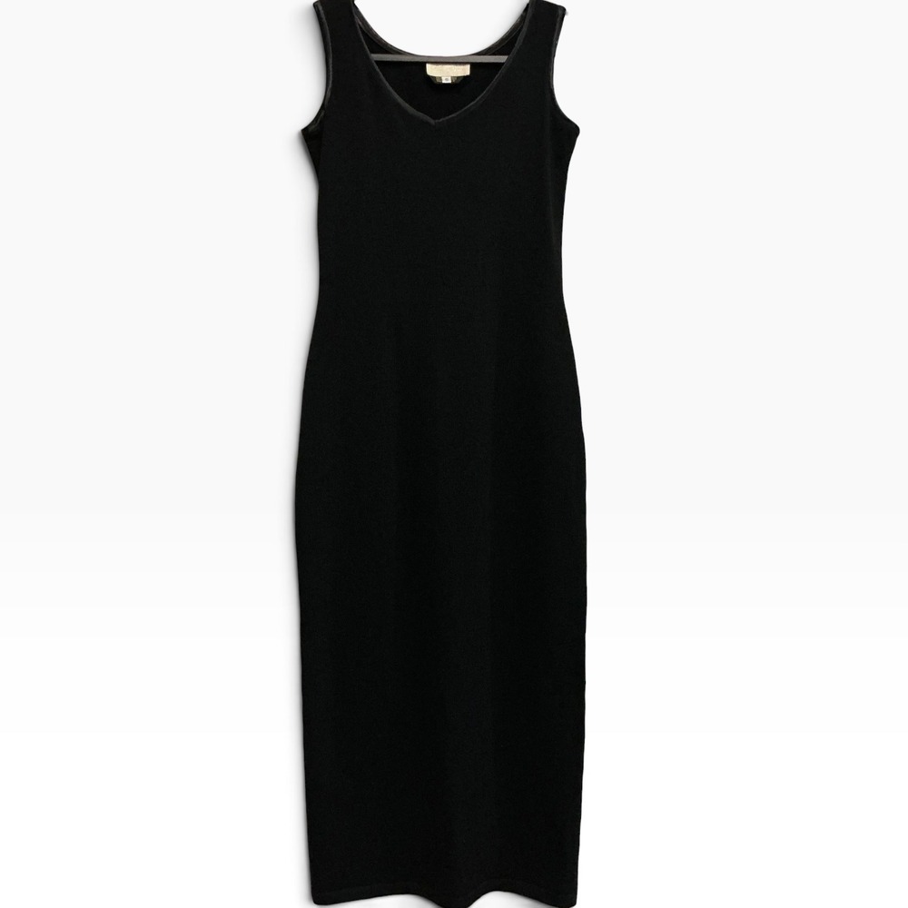 Vintage EL-Ana Black Knit Maxi‎ Dress Satin Trim Minimalist Column Slip Dress S